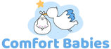 Logo of Comfort Babies with a stork carrying a baby and a star above, on a light blue background.